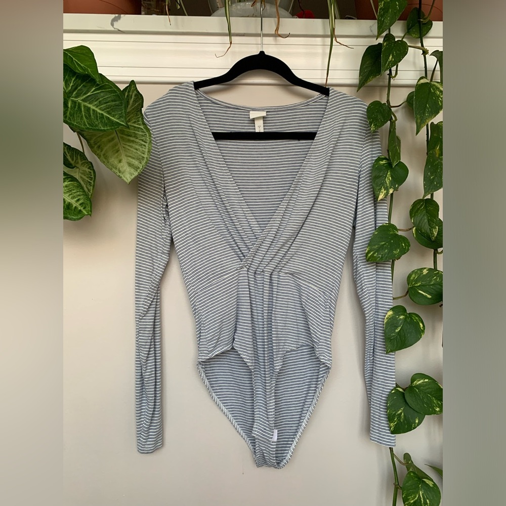 H&M Size M Long-Sleeve Striped Wrap-over Bodysuit